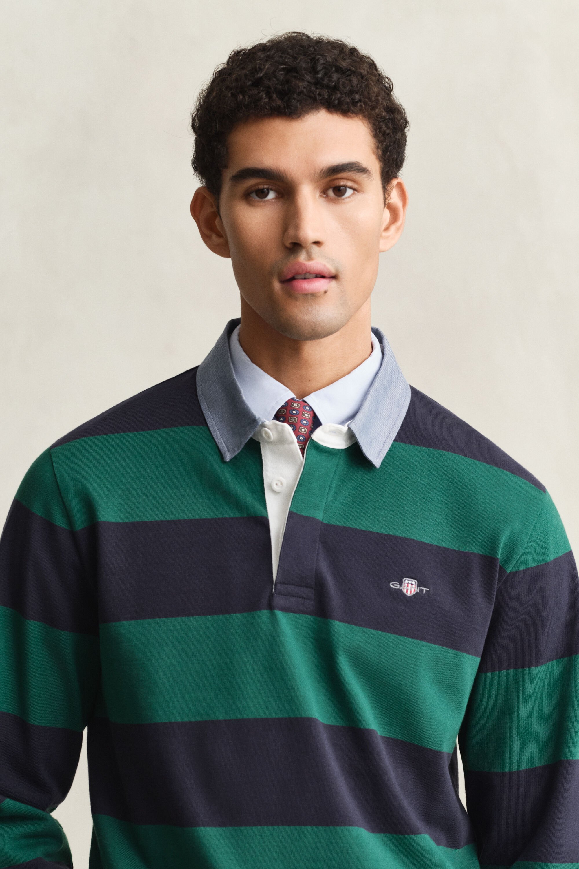 Gestreepte Heavy Rugger met chambray kraag