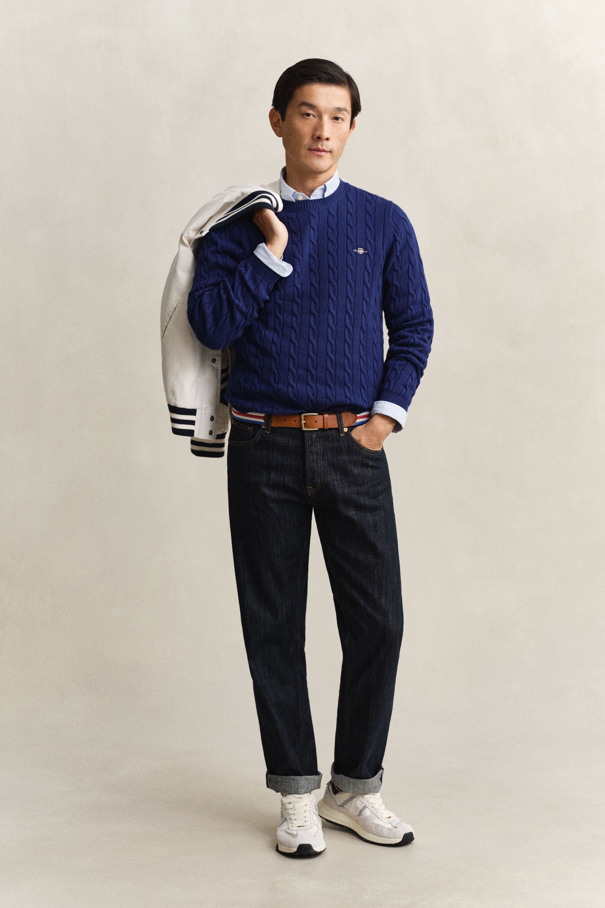 Katoenen gebreide kabeltrui met ronde hals