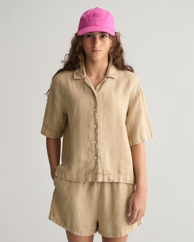 Chemise boxy en lin &agrave; manches courtes Teen Girls