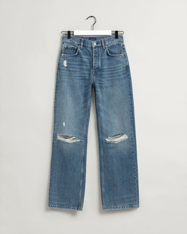 Relaxed Fit jeans met rechte pijpen, hoge taille en scheuren