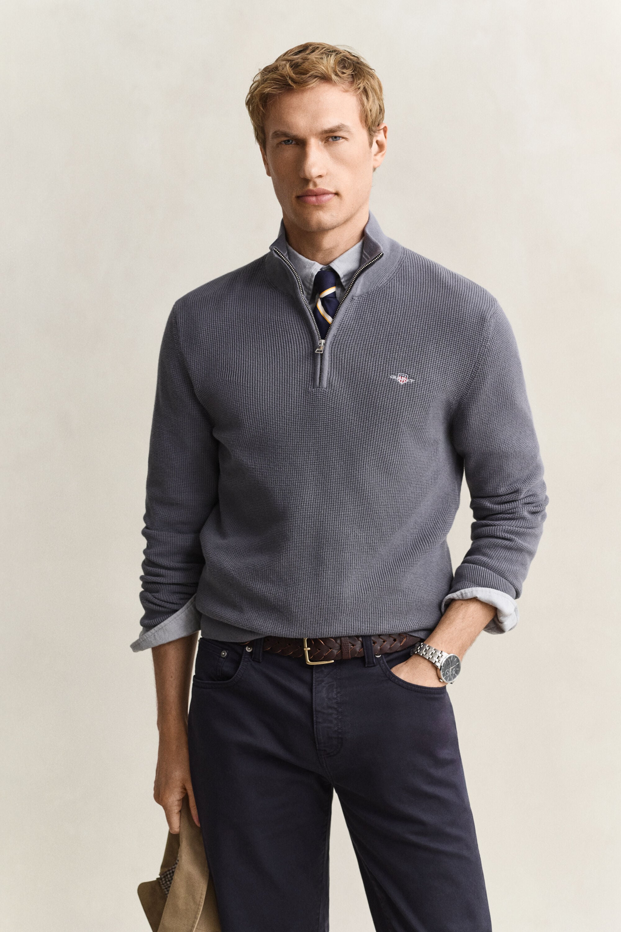 Katoenen Textured sweater met korte rits