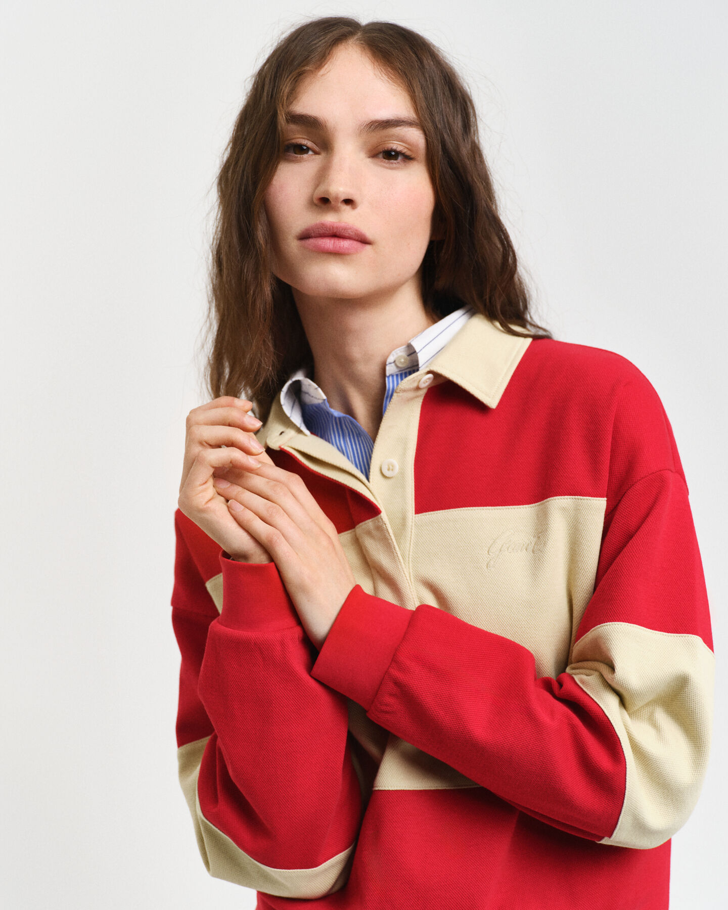 Rugger met piqué-textuur en kleurblokken