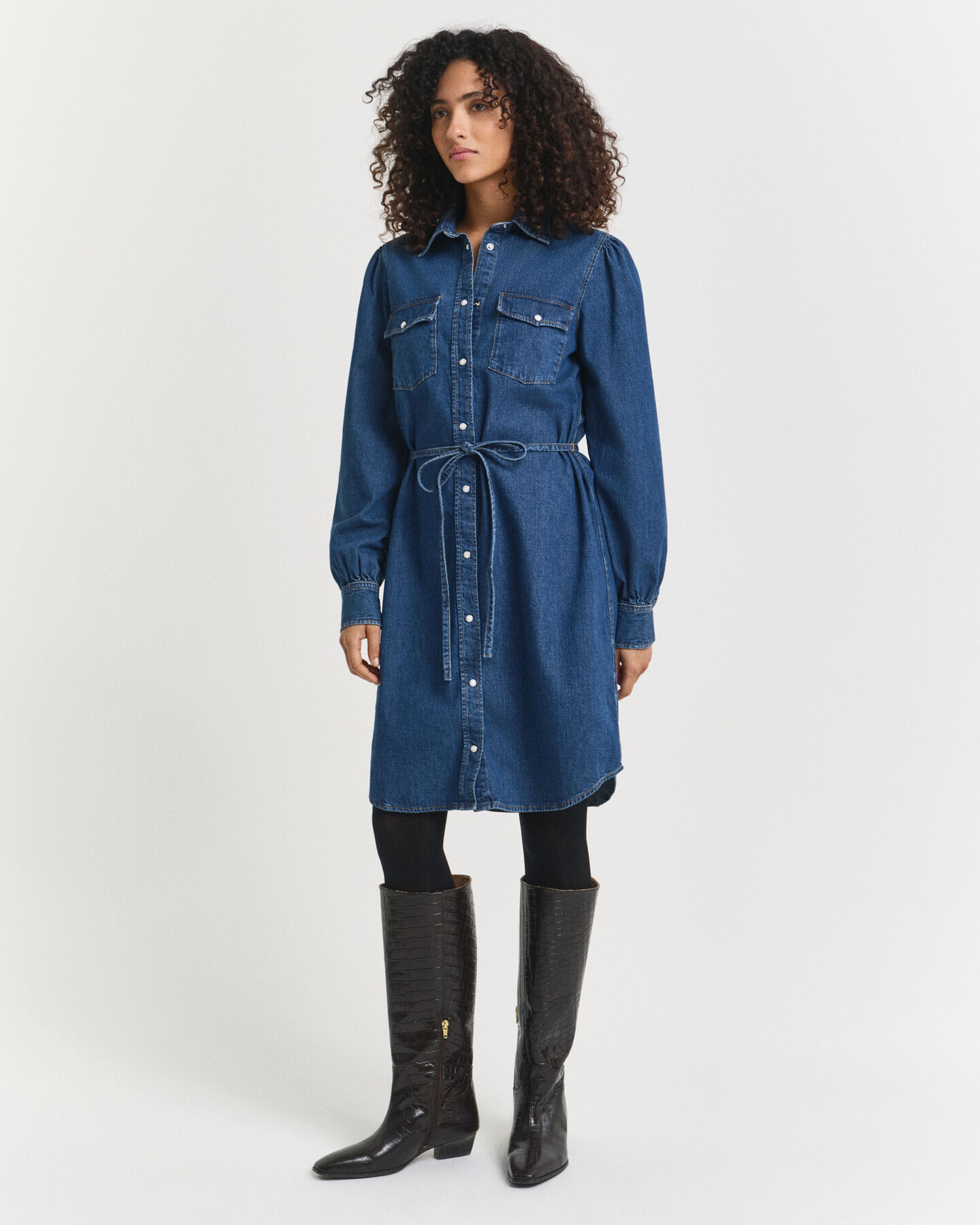 Denim jurk met pofmouwen