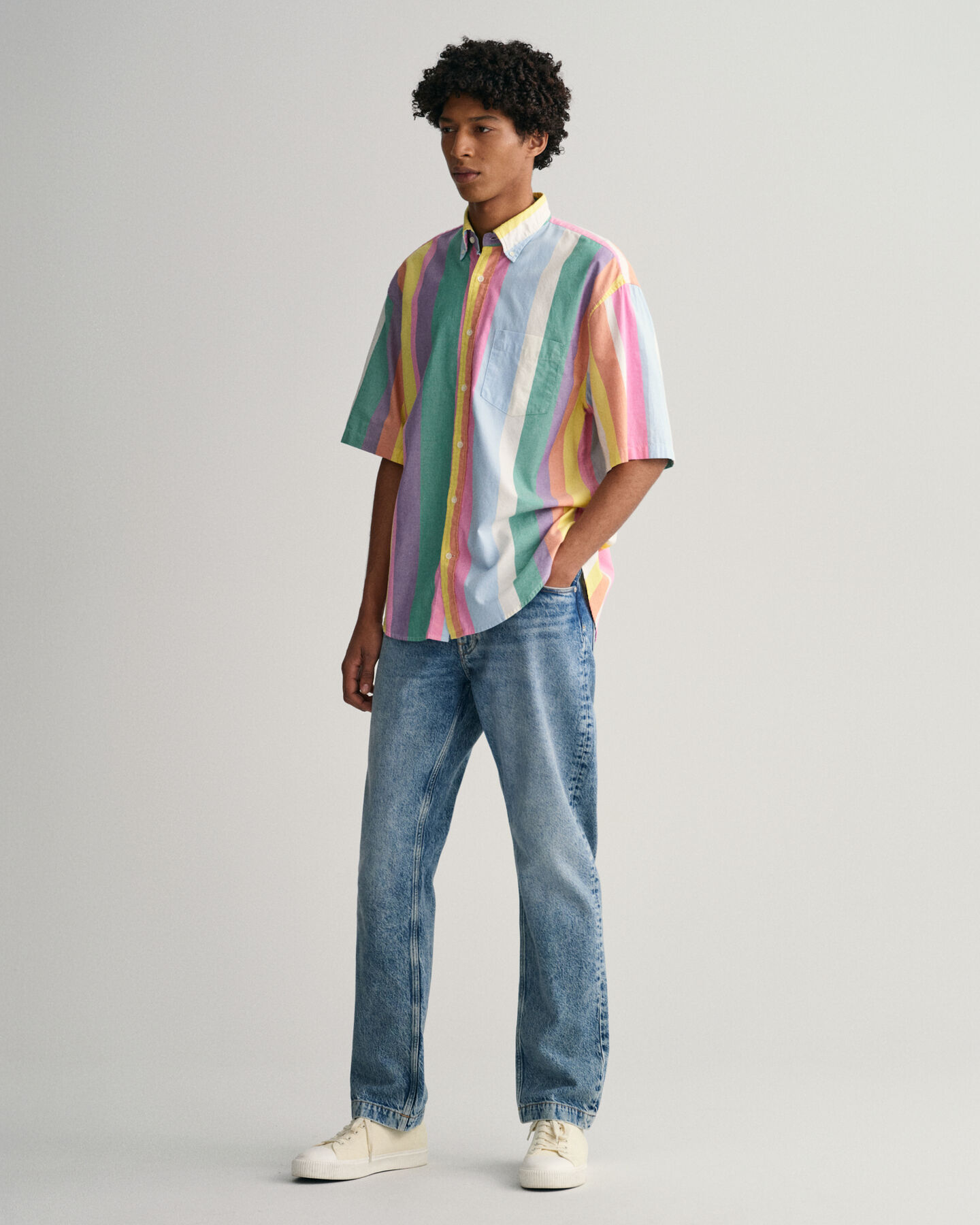 Relaxed Fit Oxford-overhemd met korte mouwen en veelkleurige strepen