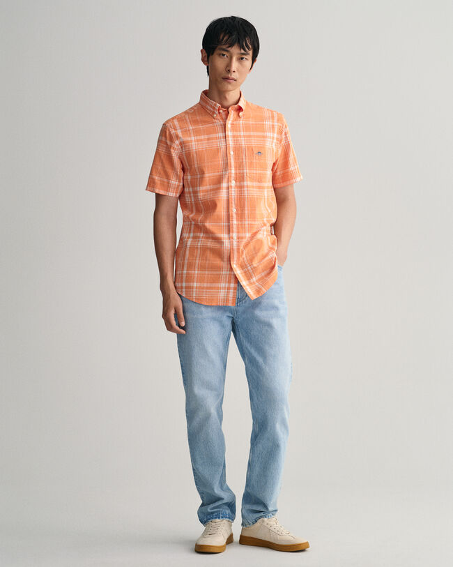 Chemise regular fit &agrave; manches courtes en coton et lin &agrave; carreaux