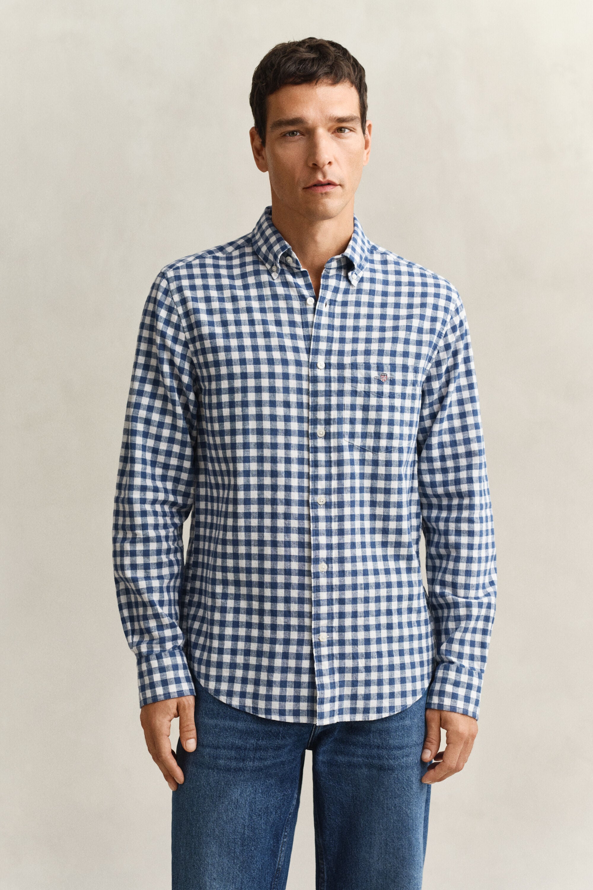 Overhemd van linnenmix met Gingham-ruitje