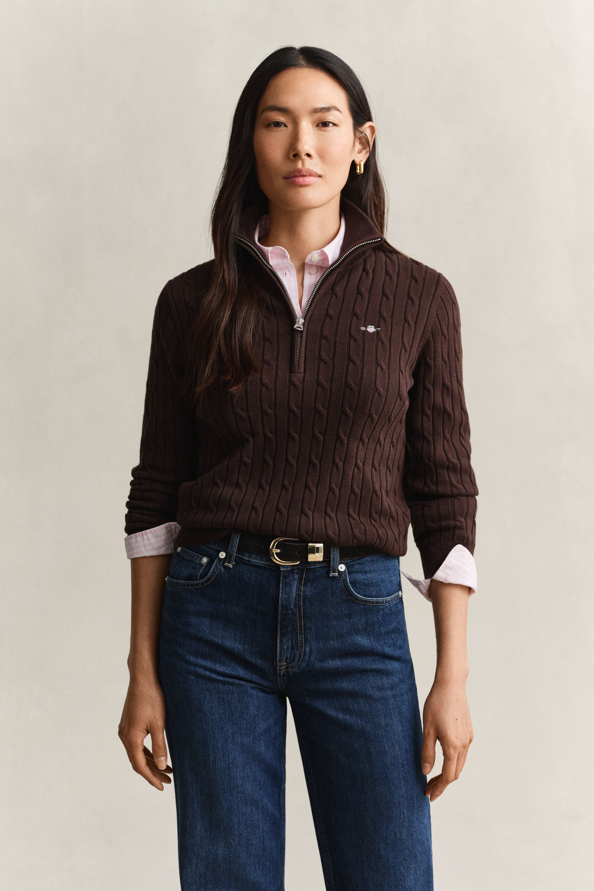 Pull à demi-zip en maille de coton torsadée stretch