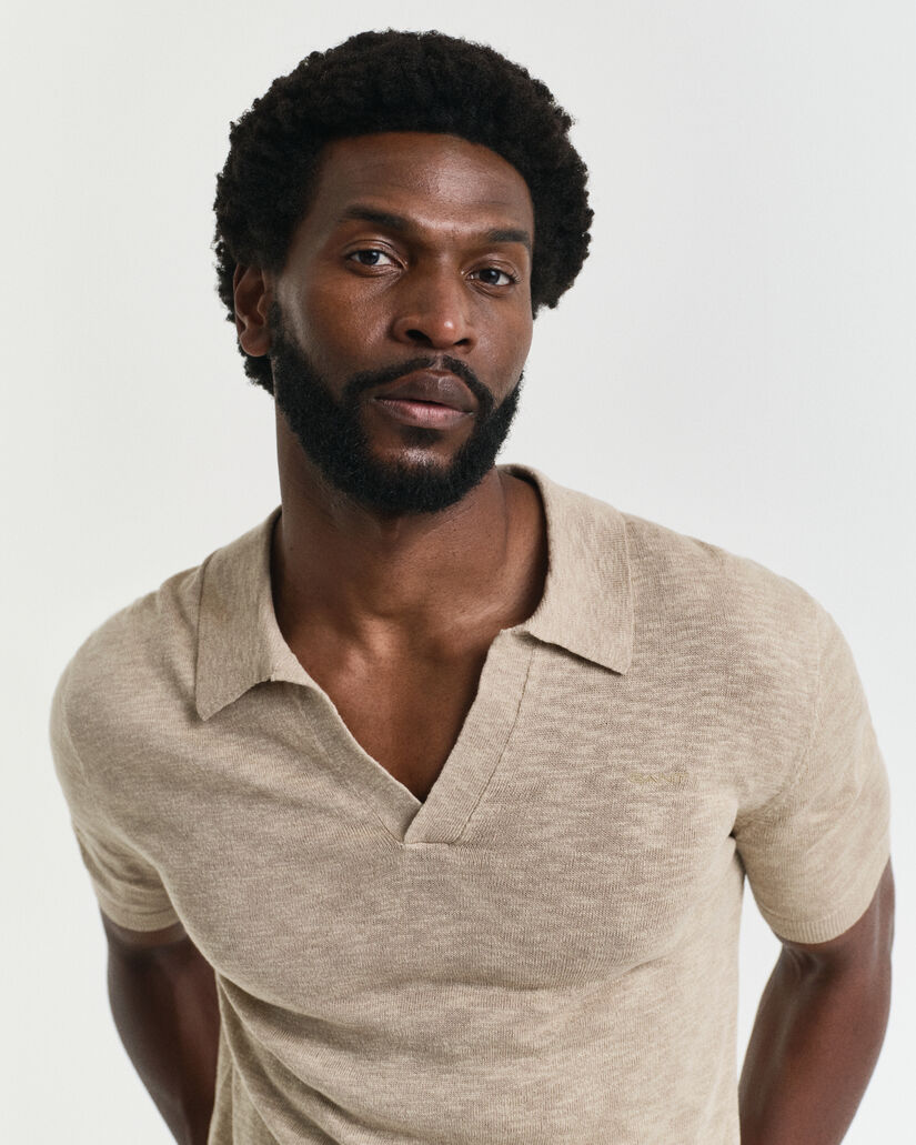 Pull polo en lin mélangé à manches courtes