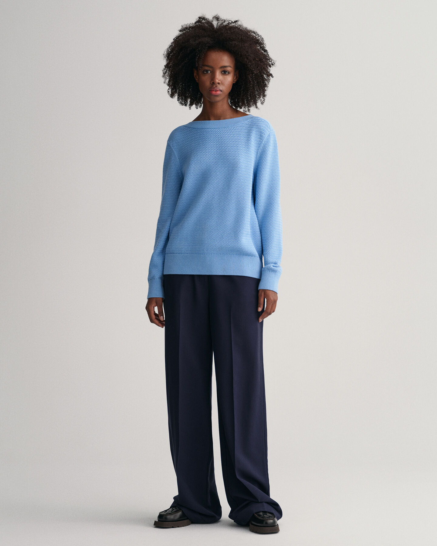 Textured sweater met boothals van katoen