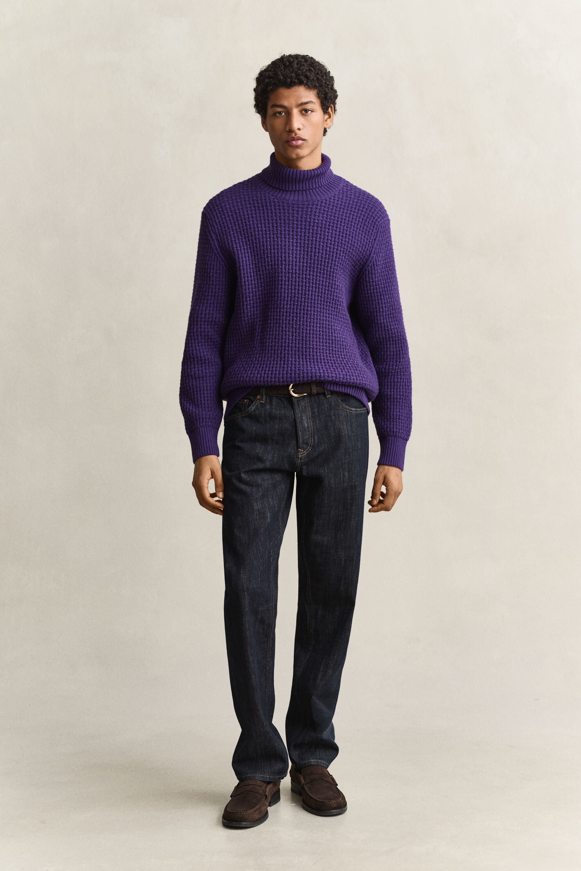 Pull texturé à col roulé en coton et laine