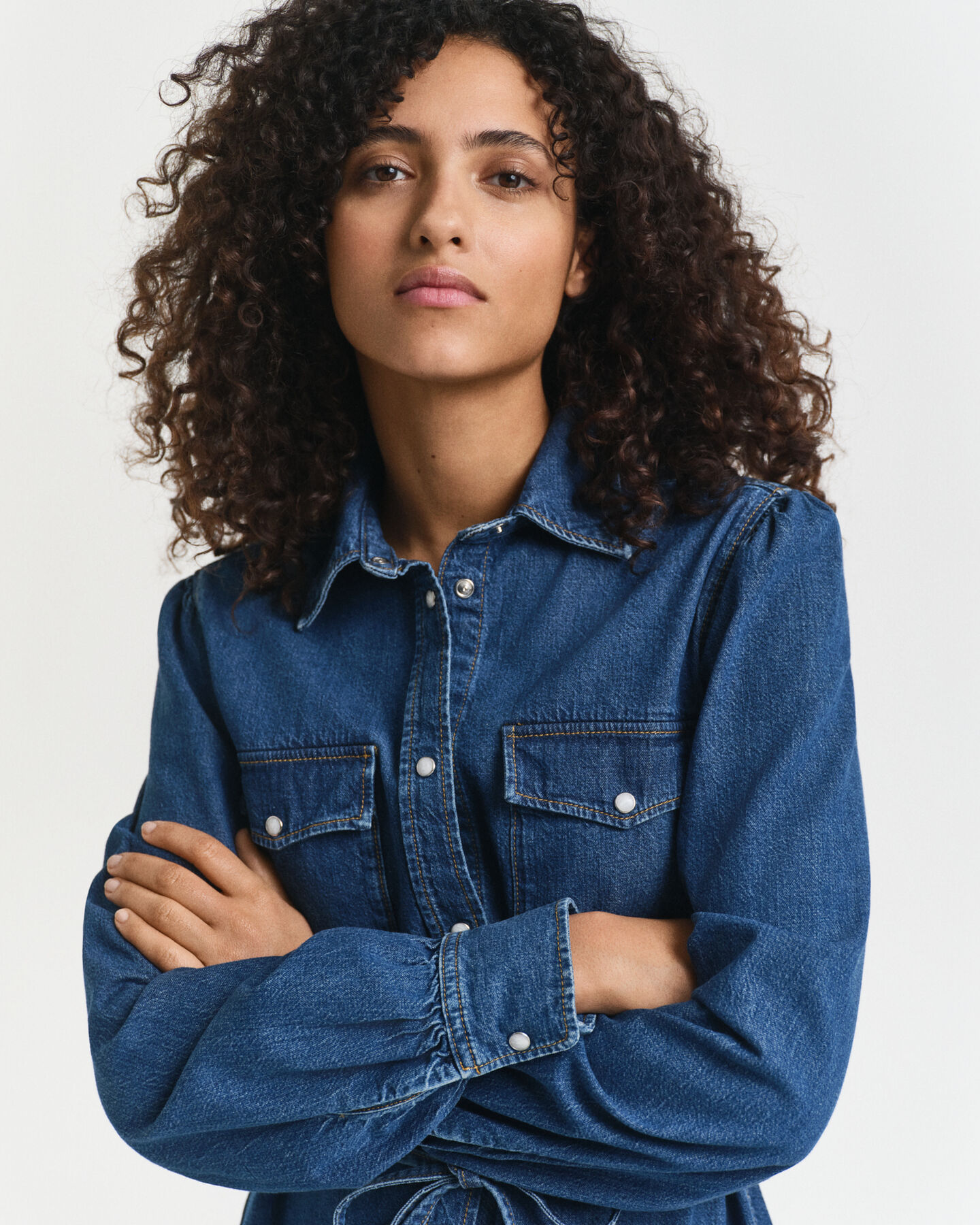 Denim jurk met pofmouwen