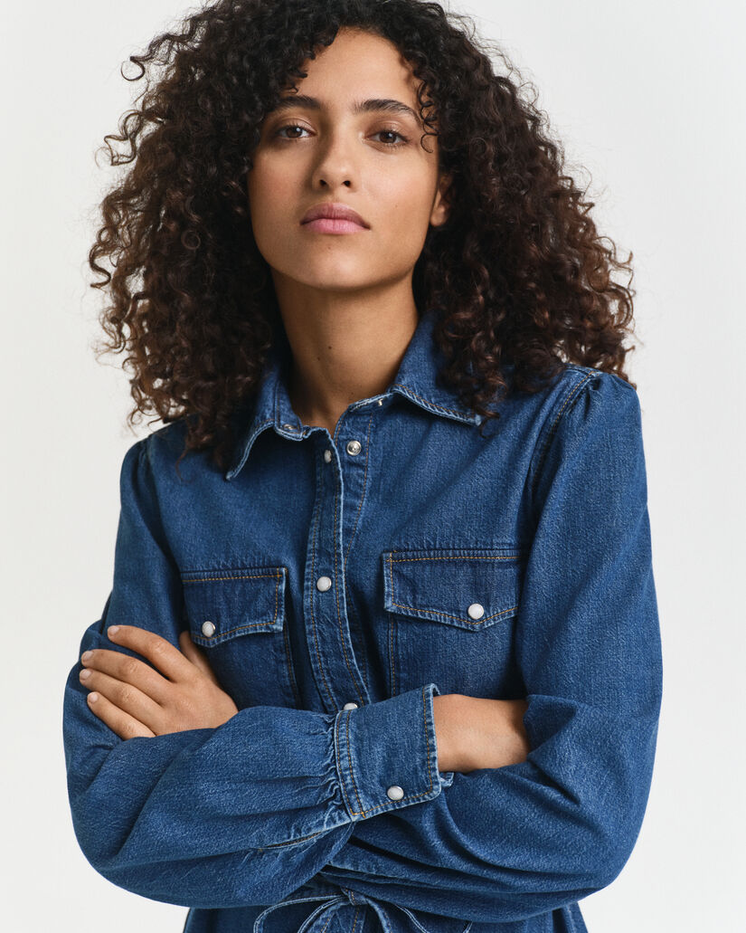 Denim jurk met pofmouwen