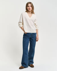 Trui met V-hals van wol met een brede rib