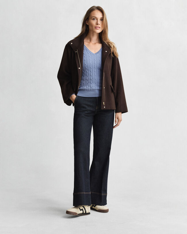 Gebreide kabeltrui met V-hals van stretchkatoen