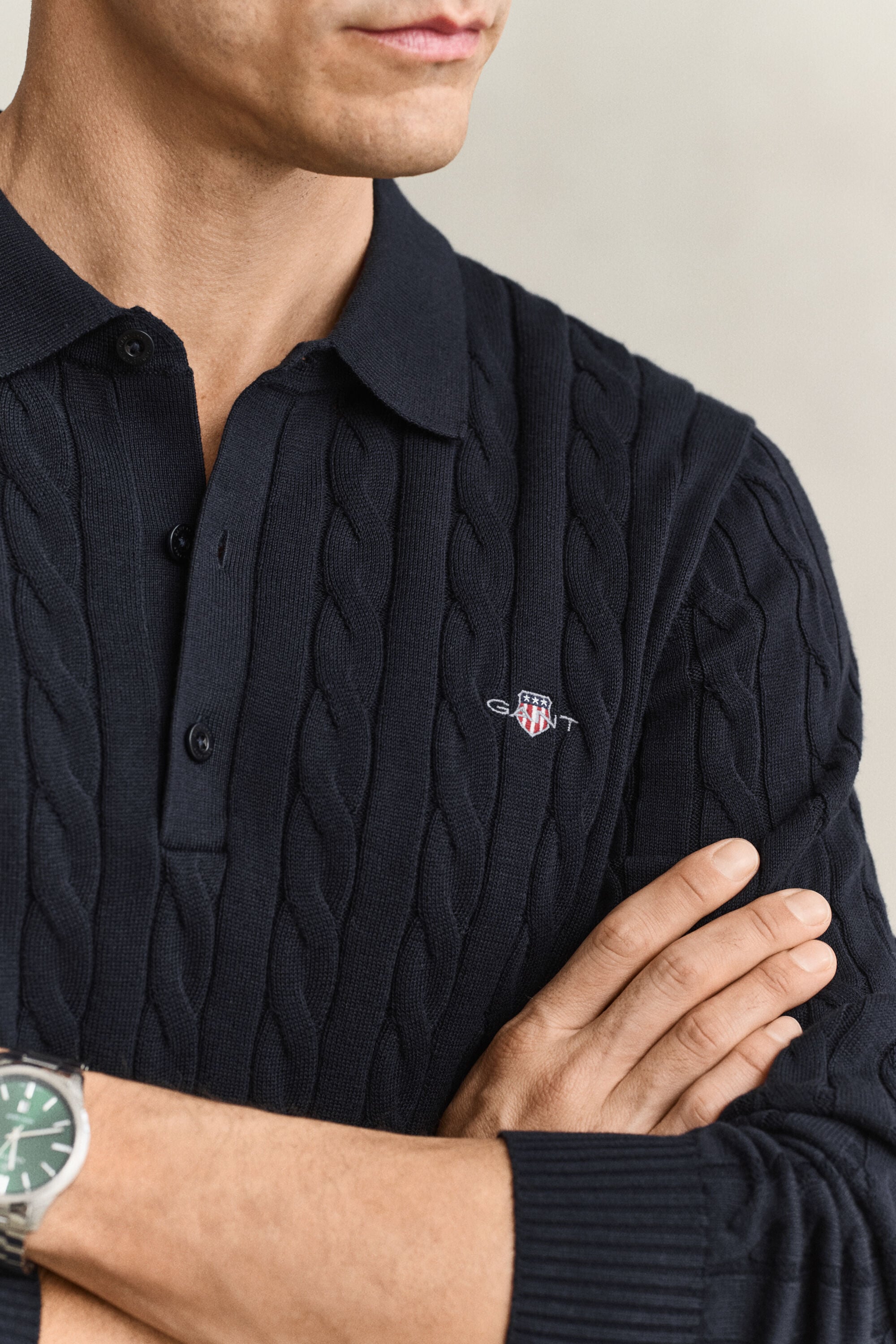 Pull façon polo en maille de coton à torsades