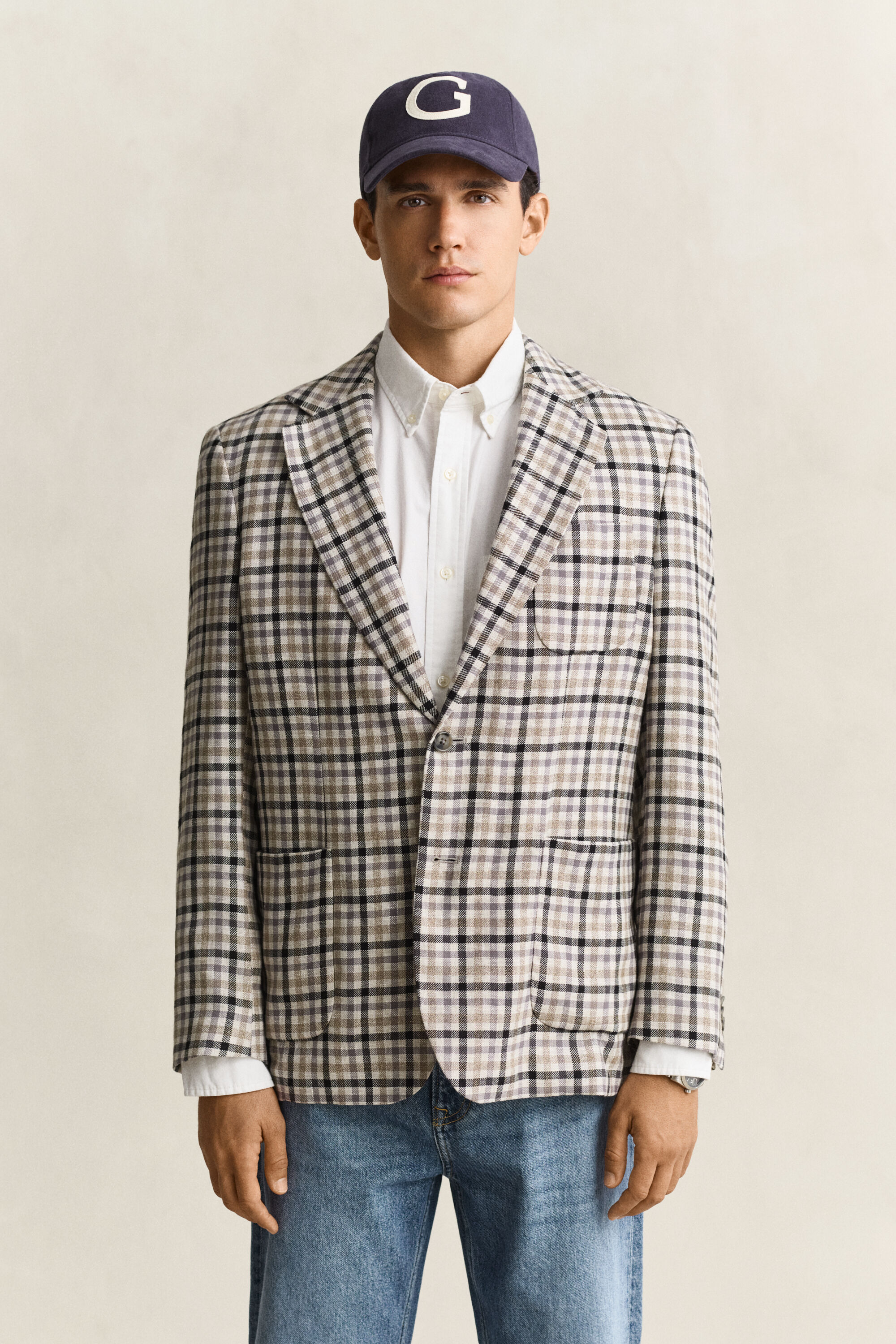 Geruite blazer van wol en linnen