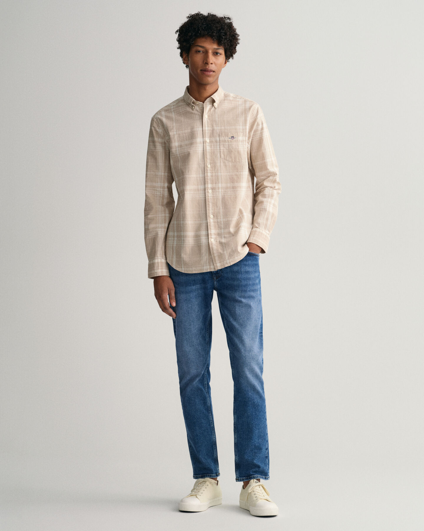 Geruit Regular Fit overhemd van katoen en linnen