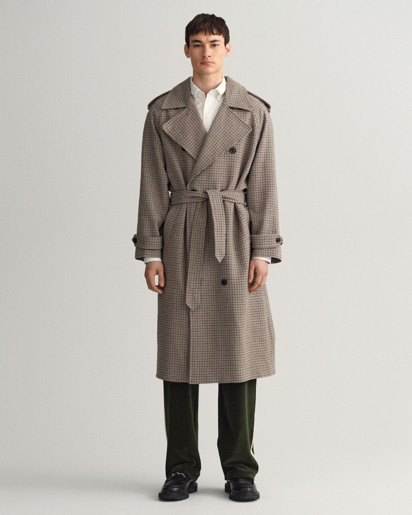 Trench-coat en laine à motif pied-de-poule
