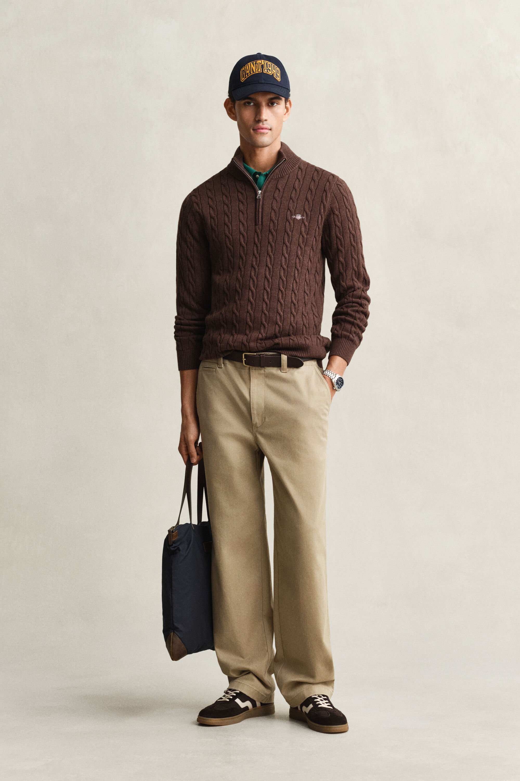 Kabelgebreide trui met korte rit van katoen