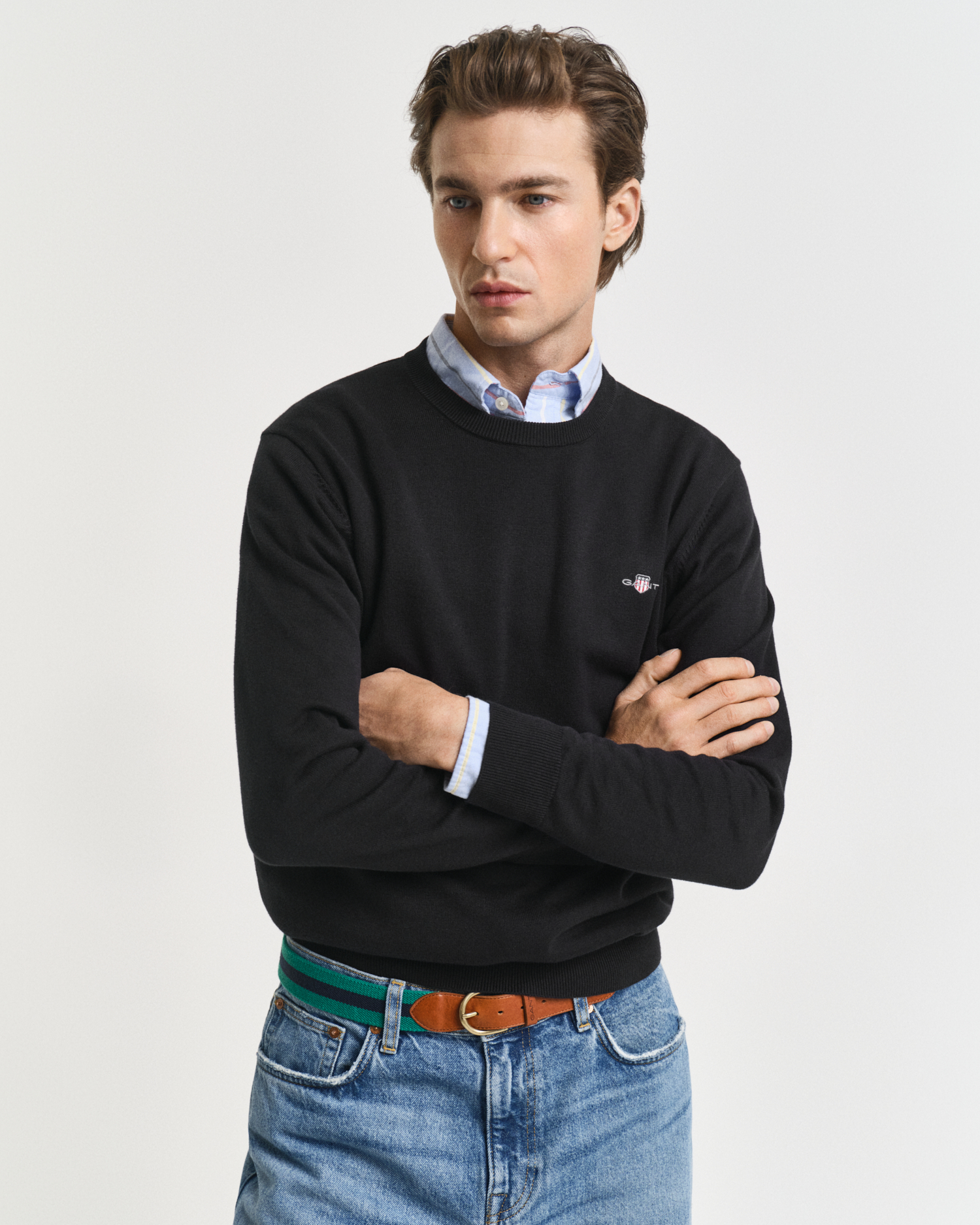 87211 407 Gant heren blauw ronde hals trui superfine lamswool